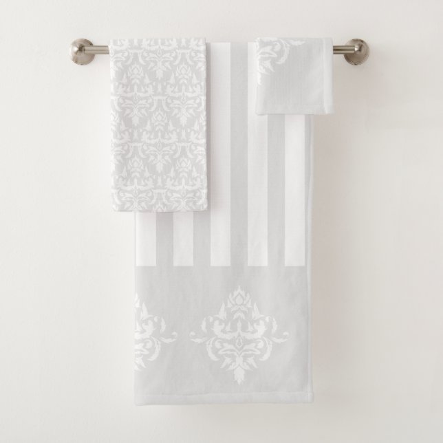 Stylish Light Gray Elegant Damask Pattern Striped Bath Towel Set (Insitu)
