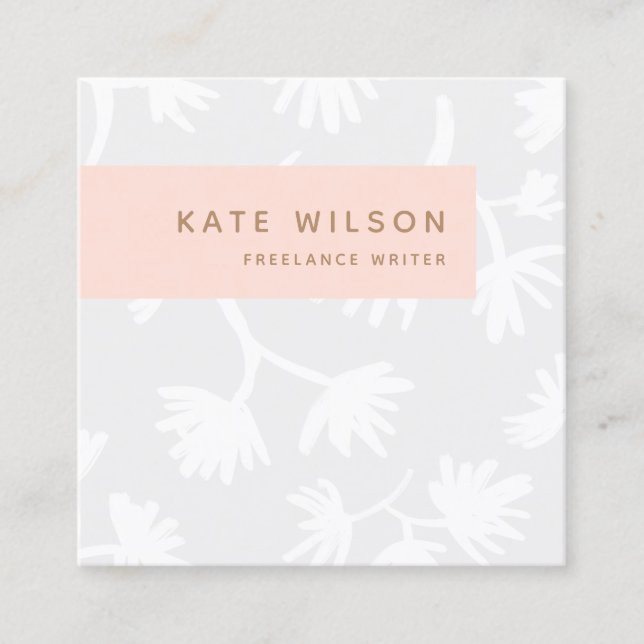 Stylish Light Gray Hand Drawn Floral Pattern Square Business Card (Front)