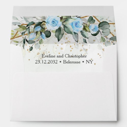 Stylish light pastel blue roses greenery and gold  envelope