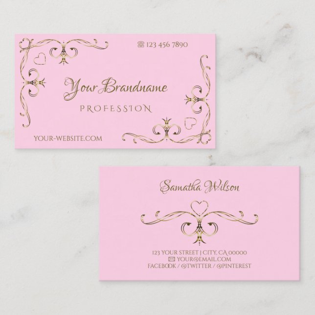 Stylish Light Pink Gold Ornate Corners Ornamental Business Card (Front/Back)