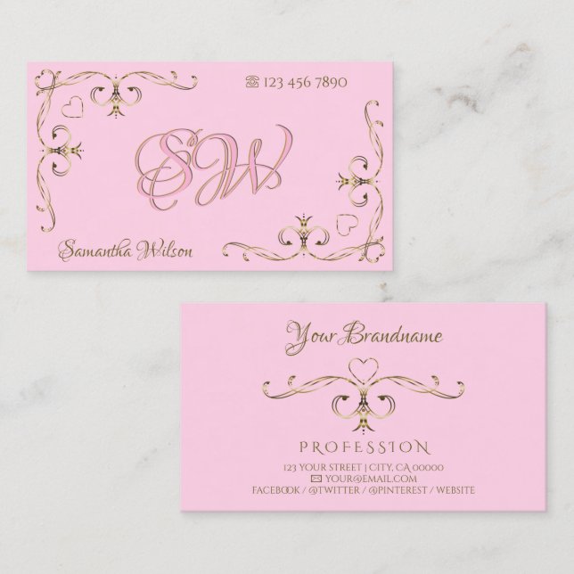 Stylish Light Pink Golden Ornate Corners Initials Business Card (Front/Back)