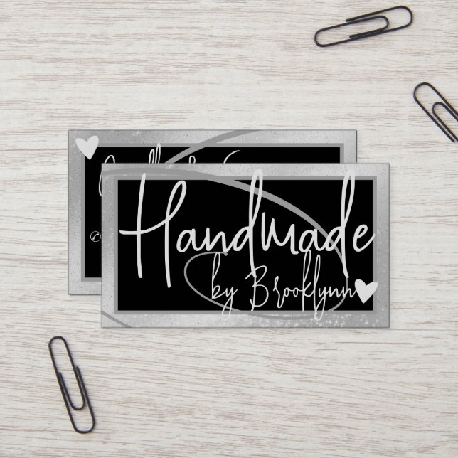 Stylish Light Silver Frame Heart Handmade by Name  Business Card (Front/Back In Situ)