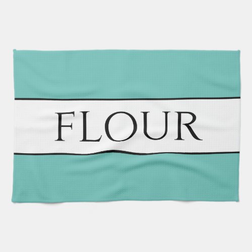 Stylish Light Teal Aqua White FLOUR Text Stripes Kitchen Towel