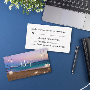 stylish lights beach sunset tropical rsvp wedding note card