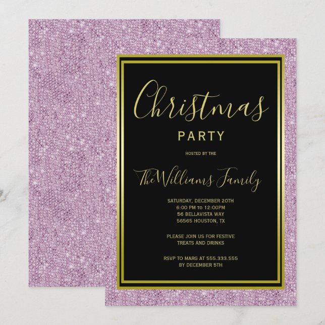 Stylish Lilac Glitter, Gold Framed Christmas Party Invitation (Front/Back)