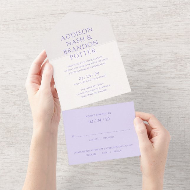 Stylish Lilac Modern Wedding All In One Invitation (Tearaway)