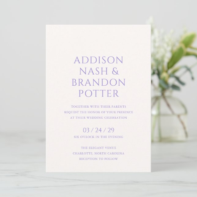 Stylish Lilac Modern Wedding Invitation (Standing Front)