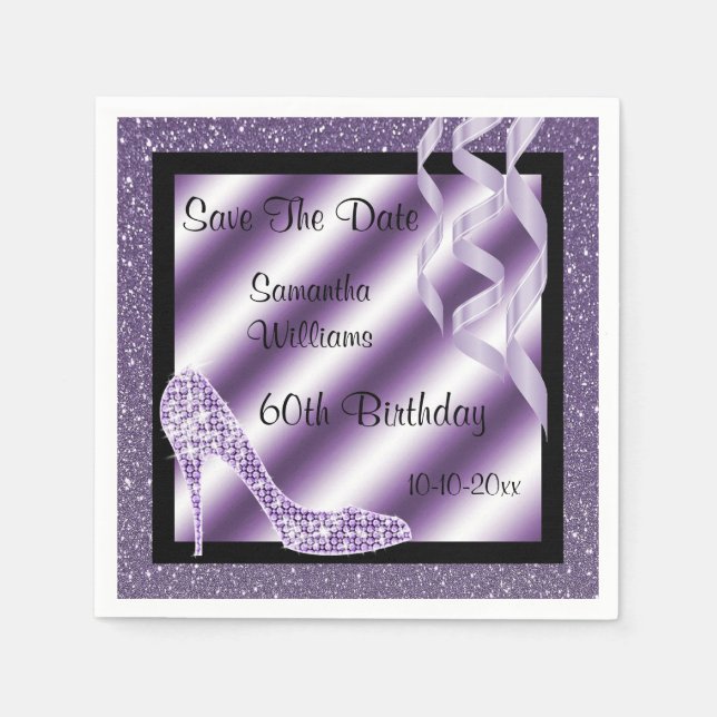 Stylish Lilac Stiletto & Streamers 60th Birthday Napkins (Front)