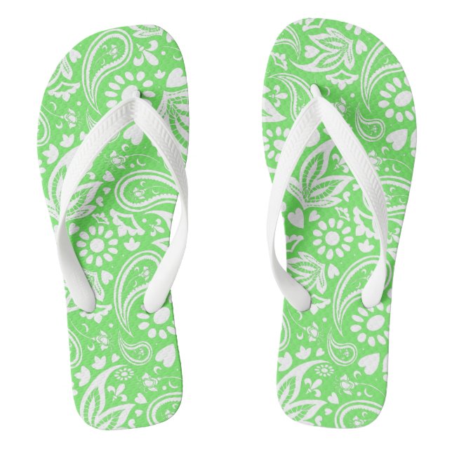 Stylish Lime Green and White Paisley Patterned Flip Flops (Footbed)