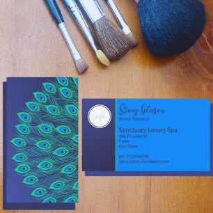 STYLISH LOGO ART DECO BLUE GREEN PEACOCK FEATHER BUSINESS CARD