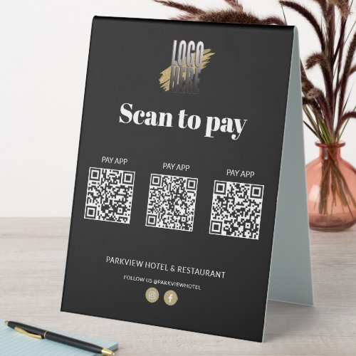Stylish Logo Contactless Pay Apps 3 QR Codes Black Table Tent Sign