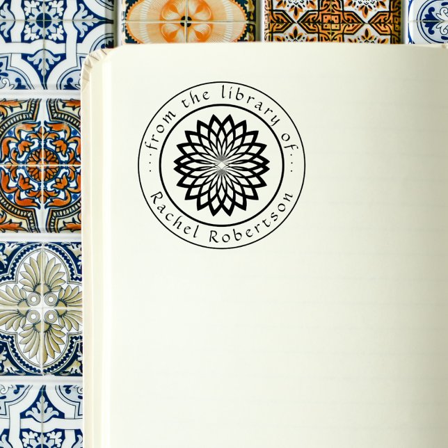Stylish Lotus Flower Elegant Round Library Book Rubber Stamp (Creator Uploaded)