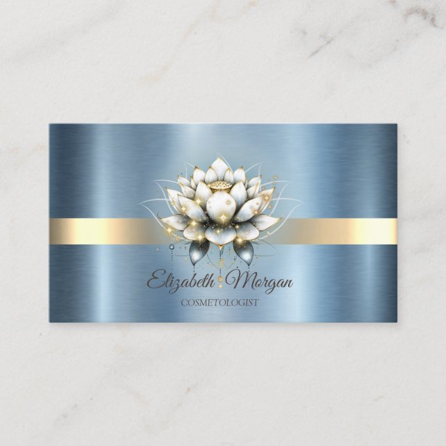 Stylish Lotus Stripe Sparkle Blue Metallic  Business Card (Front)
