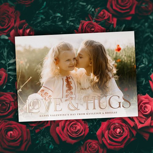 Stylish Love and Hugs Full Photo Valentines Day Foil Holiday Card