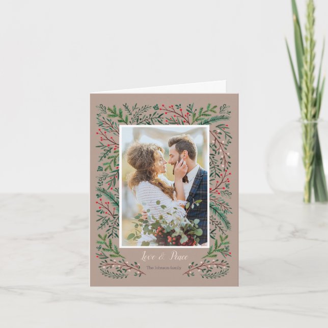 Stylish Love & Peace Green Pine Tree wreath Photo Holiday Card (Front)