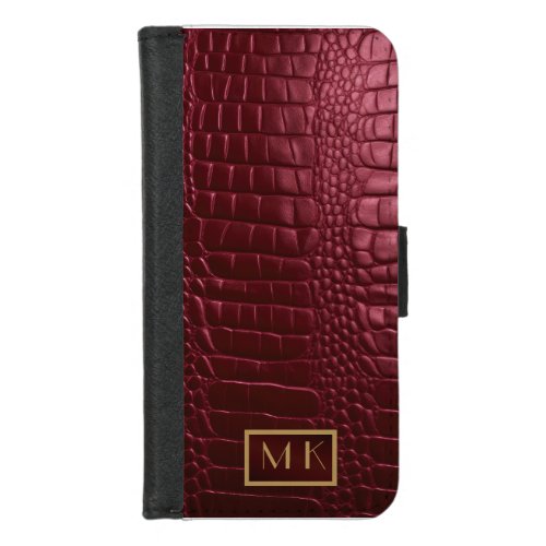 Stylish Luxe Burgundy Crocodile_Look Monogram  iPhone 87 Wallet Case