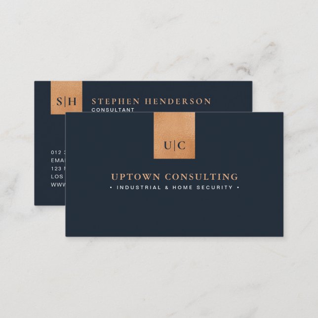 Stylish Luxury Faux Copper Foil & Blue Business Card (Front/Back)