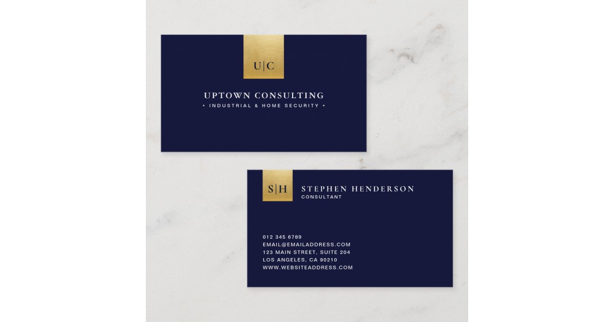 Stylish Luxury Faux Gold Foil & Navy Blue Business Card | Zazzle