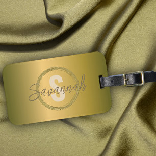 Stylish Luxury Gold Metallic Name and Initial Luggage Tag