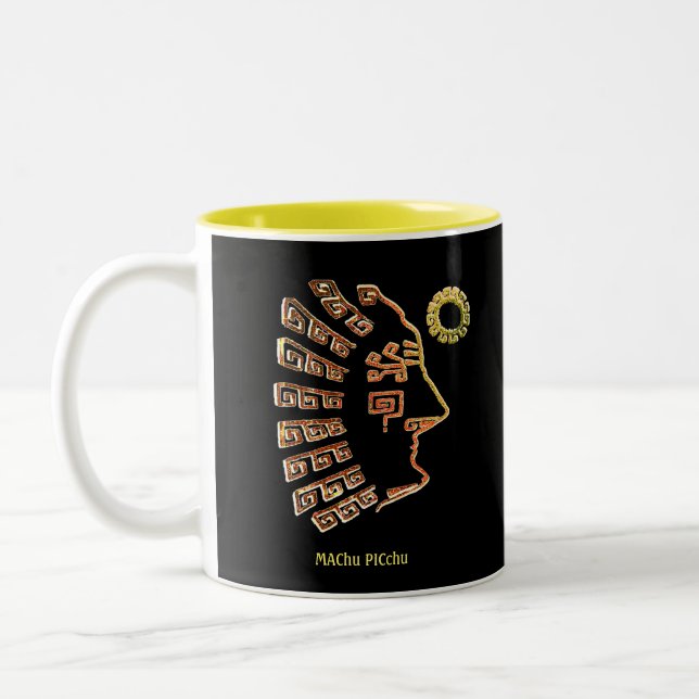 Stylish Machu Picchu Artistic Drawing on Black Two-Tone Coffee Mug (Left)