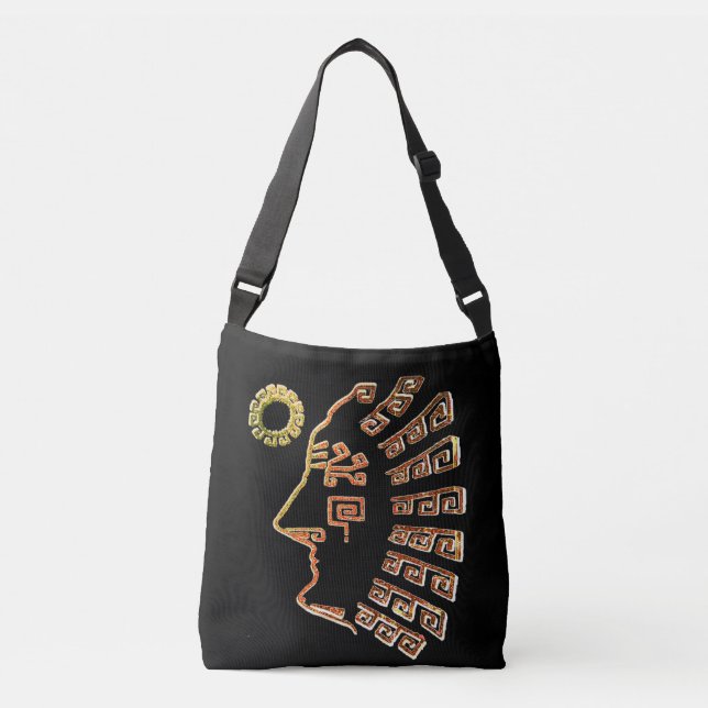 Stylish Machu Picchu & Sun Drawing on Black Crossbody Bag (Front)