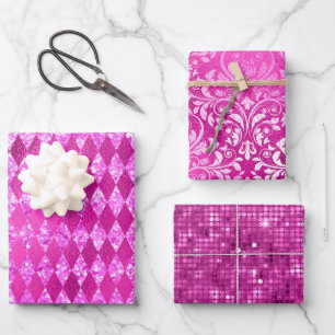 Stylish Magenta Pink Glitter and Foil Glam Pattern Wrapping Paper Sheets