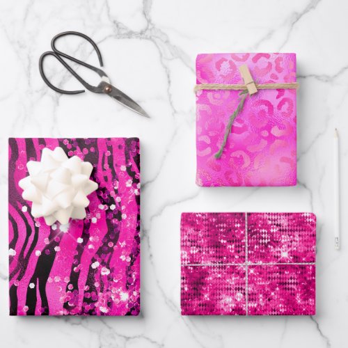 Stylish Magenta Pink Glitter and Foil Glam Pattern Wrapping Paper Sheets