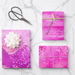 Stylish Magenta Pink Glitter and Foil Glam Pattern Wrapping Paper Sheets
