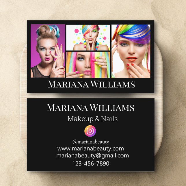 stylish makeup and nails 4 photos collage black  business card (Creator Uploaded)