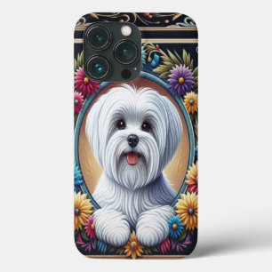 Stylish Maltese Dog Floral Colorful Border iPhone 13 Pro Case