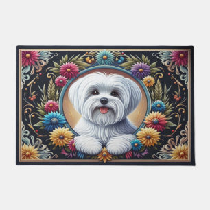 Stylish Maltese Dog Floral Colorful Border Doormat
