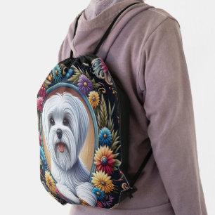 Stylish Maltese Dog Floral Colorful Border Drawstring Bag