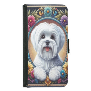 Stylish Maltese Dog Floral Colorful Border Samsung Galaxy S5 Wallet Case
