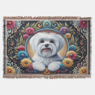 Stylish Maltese Dog Floral Colorful Border Throw Blanket