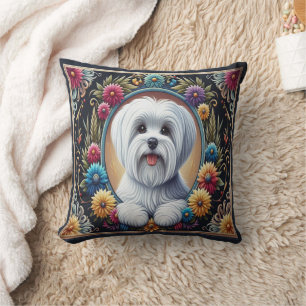 Stylish Maltese Dog Floral Colorful Border Throw Pillow