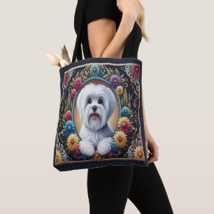 Stylish Maltese Dog Floral Colorful Border Tote Bag