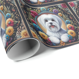 Stylish Maltese Dog Floral Colorful Border Wrapping Paper
