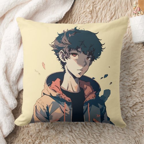 Stylish Manga Boy in Brown Jacket Throw Pillow