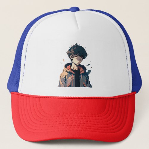 Stylish Manga Boy in Brown Jacket Trucker Hat
