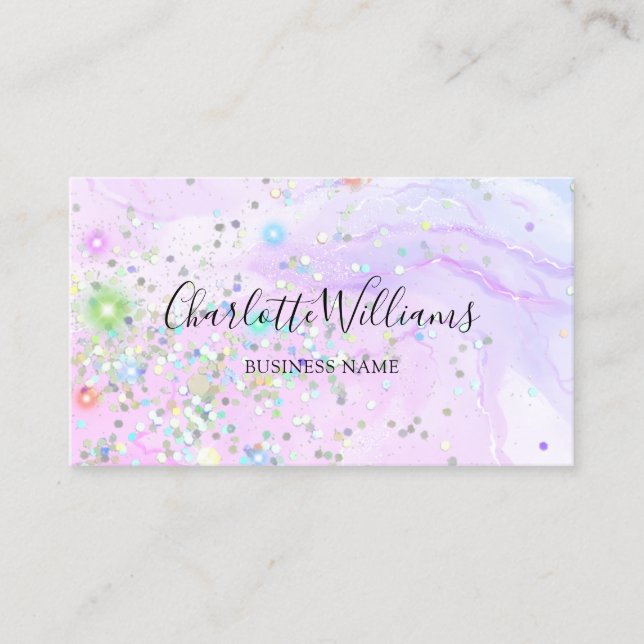Stylish Marble Alcohol Ink Holographic Glitter Business Card (Front)
