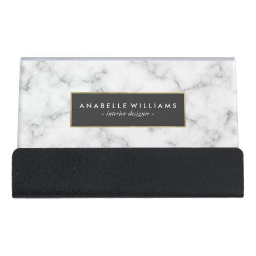Stylish Marble and Faux Gold Foil Desk Business Card Holder