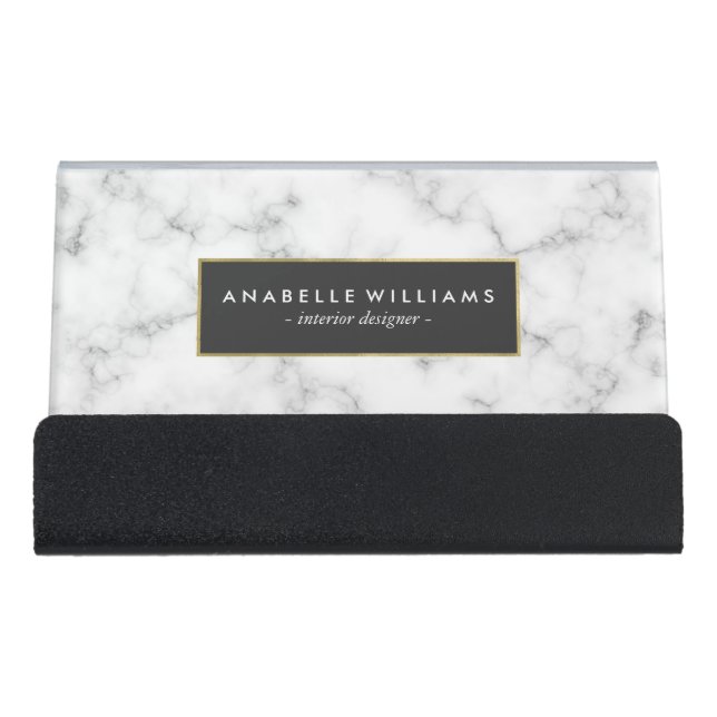 Stylish Marble and Faux Gold Foil Desk Business Card Holder (Front)