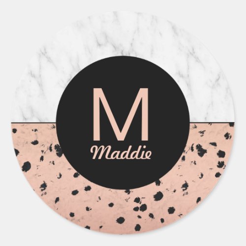 Stylish Marble and Rose Gold Pattern with Monogram Classic Round Sticker