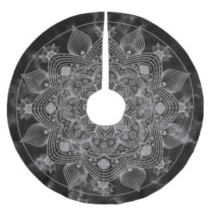 Stylish Marble Black and White Floral Mandala Brushed Polyester Tree Skirt