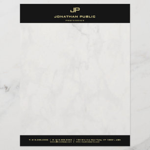 Stylish Marble Black Gold Monogrammed Modern Plain Letterhead