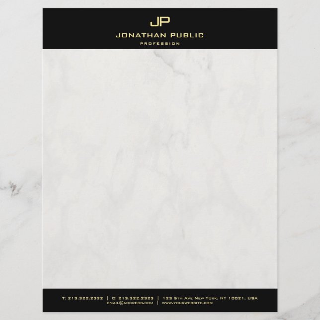 Stylish Marble Black Gold Monogrammed Modern Plain Letterhead (Front)
