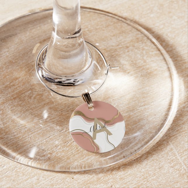 Stylish Marble Blush Pink Gold Agate Script Name  Wine Charm (In Situ)