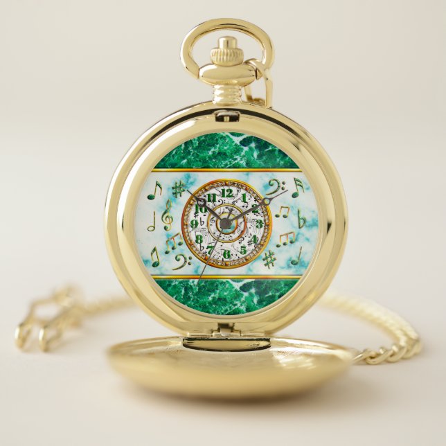 Stylish Marble Effect Music, Musical Notes Pocket Watch (Inside)