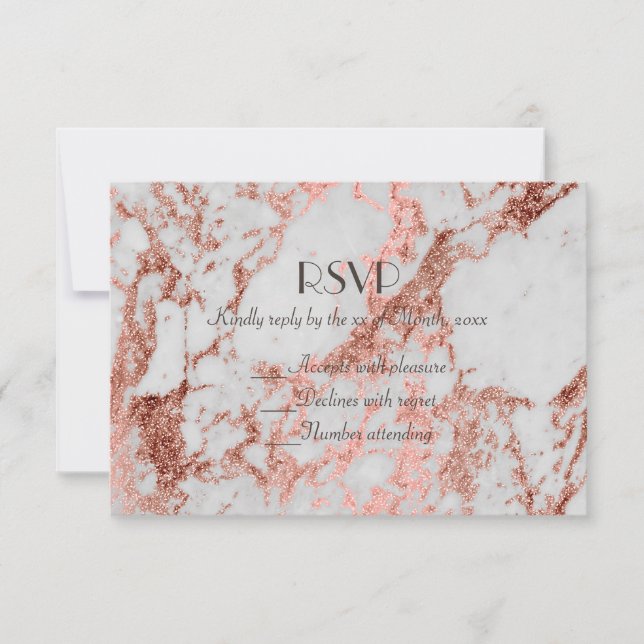 Stylish marble faux rose gold wedding collection RSVP card (Front)