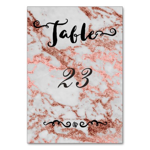 Stylish marble faux rose gold wedding collection table number